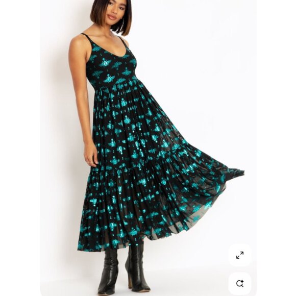 BlackMilk Scarab Teal Sheer Midaxi Dress size M black foil print bugs - Picture 1 of 12